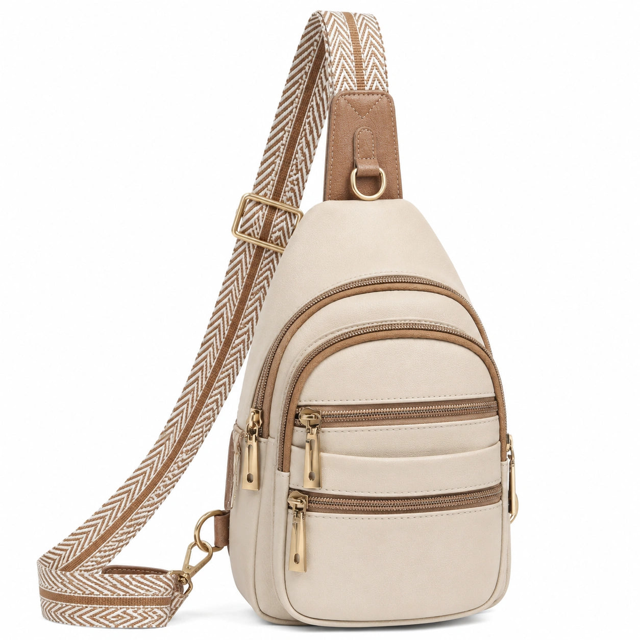 Bolso bandolera beige y marrón con múltiples cremalleras