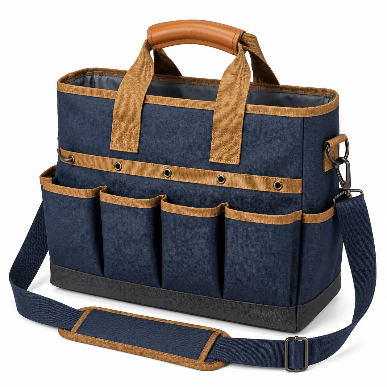 Bolsa de herramientas azul con bolsillos múltiples y correa ajustable