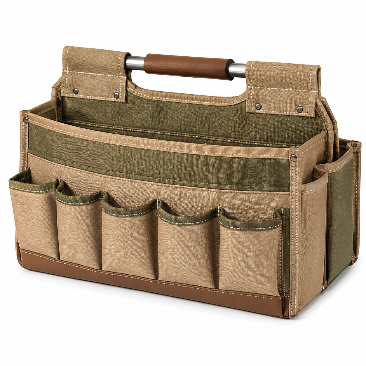 Bolsa de herramientas multiuso con asa de madera verde y beige