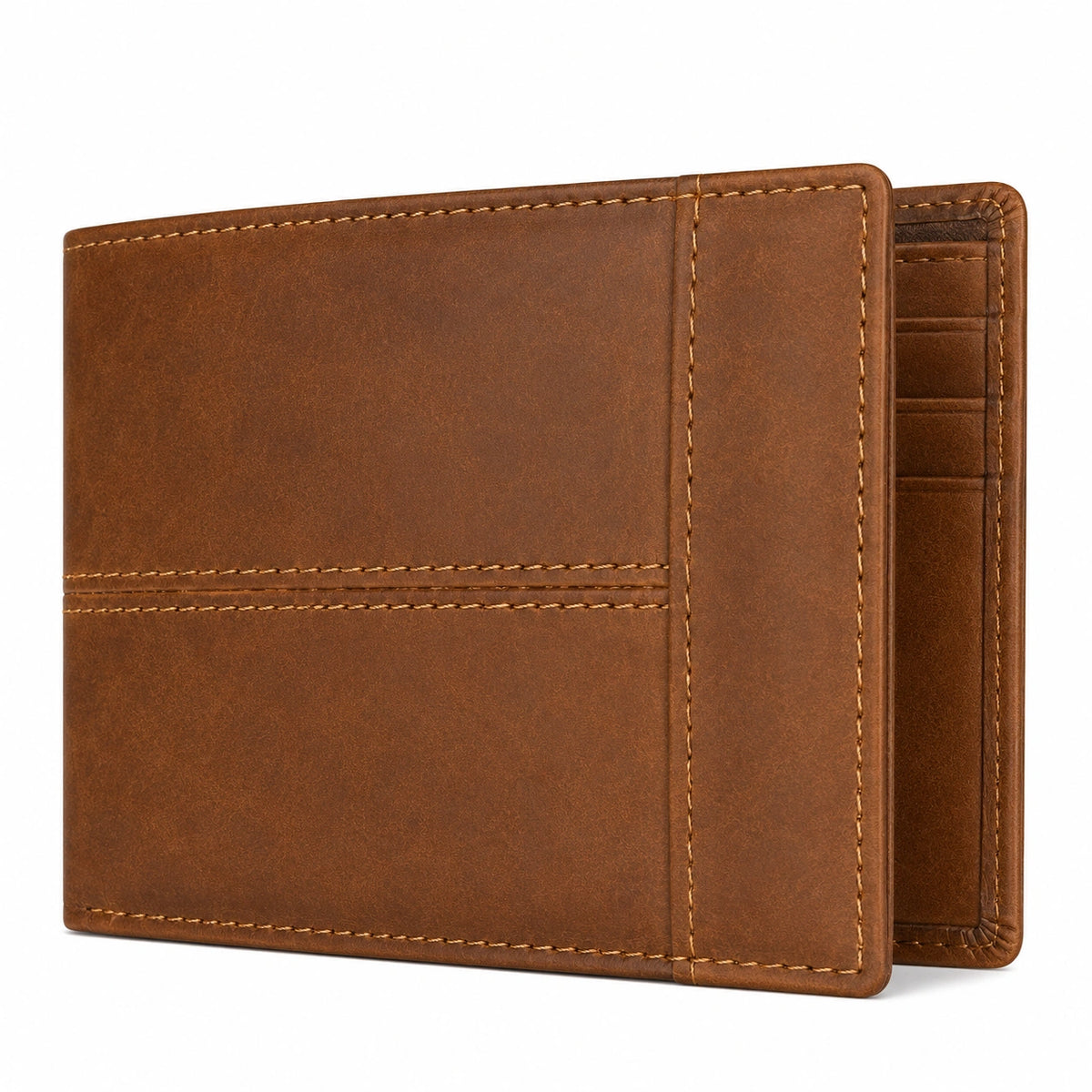 Cartera bifold marrón con compartimentos organizados
