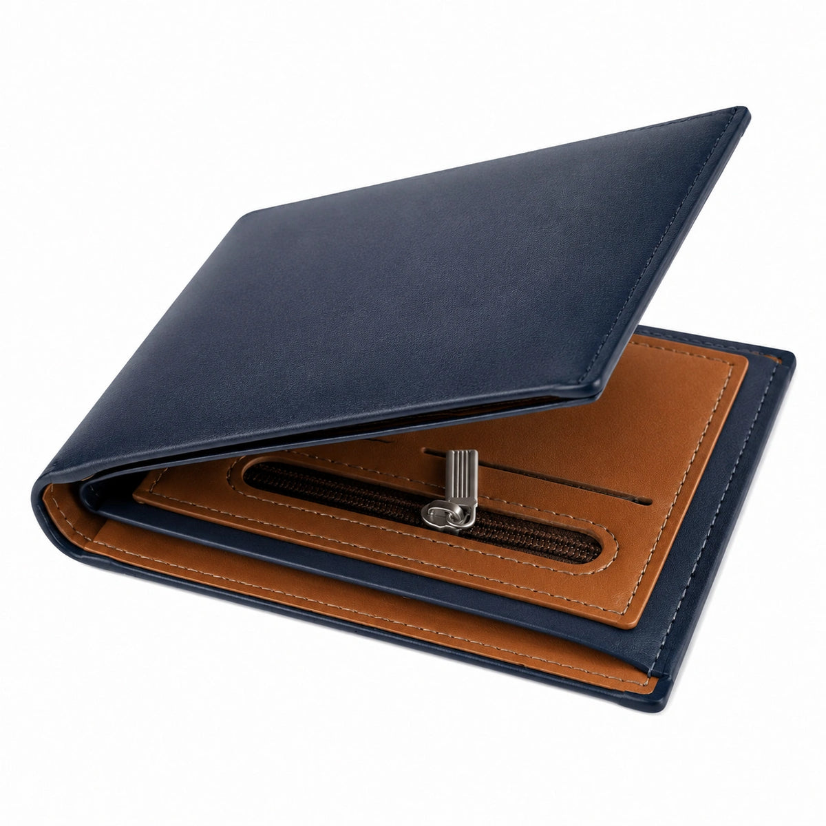 Cartera de Hombre Bicolor Azul y Marrón con Cremallera