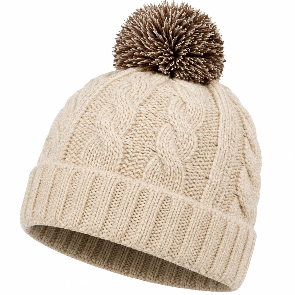 Gorro de Punto con Pompón Beige y Marrón para Unisex