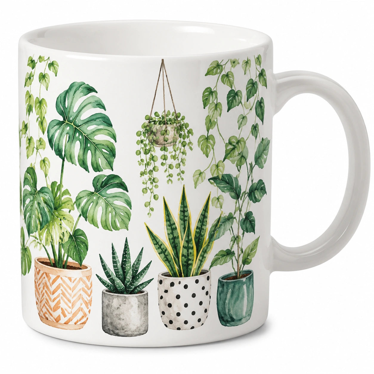 Taza de Cerámica con Ilustraciones de Plantas 350ml Blanco y Verde
