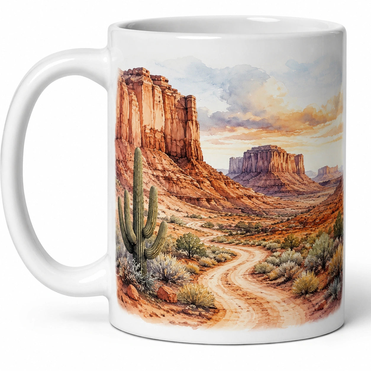 Taza blanca de cerámica con diseño de paisaje desértico 350 ml